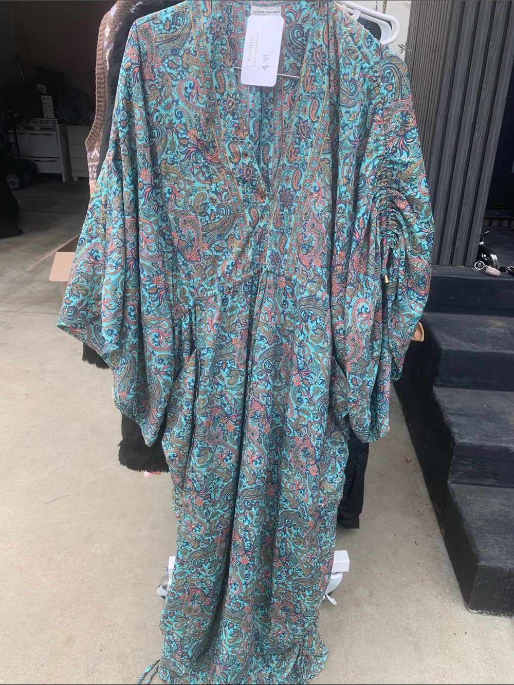 Paisley Kimono Maxi Robe in Teal & Coral